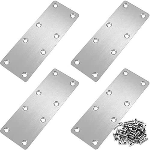 4 Pcs Flat Mending Plate Stainless Steel Flat Brackets 140mm x 50mm Metal Straight Brace Repair Joining Fixing Brackets for Wood, with Screws