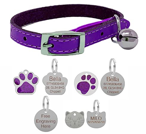Katzenhalsband aus echtem Leder, mit Sicherheitsgummi und Glöckchen, mit optionaler Gravur, Violett, 22 mm