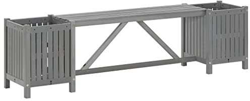 KTHLBRH 【Blitzversand】 Gartenbank Terrassenbank,Geeignet für Verandadekoration, Außenbereich, Garten, Terrasse, Veranda, Pool, Balkon,mit 2 Pflanzkübeln 150 cm Massivholz Akazie Grau