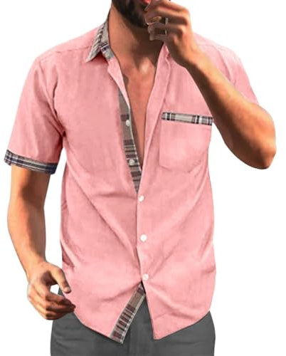 Minetom Chemisette Homme Plage Chemise Manches Courtes Business Slim Fit Carreaux Imprimé DéContracté Tops Blouse avec Poche Poitrine A Rose 3XL
