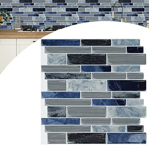 YARDIN Adesivi per piastrelle, 10 fogli, pannelli da parete 3D, in marmo, a mosaico, per decorazione da cucina e bagno, 30 x 30 cm, colore: blu e grigio