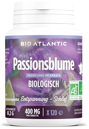 Bio Passionsblume 1600 mg pro Tag - ENTSPANNUNG, SCHLAF - 120 Tabletten | Premium Naturprodukt & Rein pflanzlich