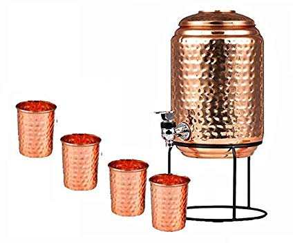 Dispensador de agua martillado de cobre puro, tanque de agua con grifo y juego de 4 vasos de cobre, olla de agua, tanque de almacenamiento de agua de cobre, capacidad de 6.5 litros, 240 onzas