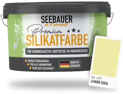 SEEBAUER diy Silikatfarbe Gelb 5L für Innen (No. 457 Lemon Soda) Atmungsaktive Mineralfarbe für Allergiker - Abwaschbare Wandfarbe - Gelbtöne hohe Deckkraft