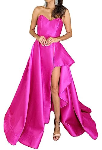 Leader of the Beauty Vestidos de noche sin tirantes, vestidos de fiesta altos y bajos con tren, elegantes vestidos de fiesta para mujer, fucsia, 42