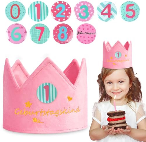 URAQT Cappellini Compleanno Bambini, Corona Compleanno Bambino con Numeri Intercambiabili da 0 a 9, Cappello di Compleanno con Corona per Bambini Festa di Compleanno(Rosa-Stile Peluche)