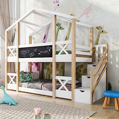 LATICO Hochbett mit Leiter & Zwei Liegeflächen 90 x 200 cm - Hochbett für Kinder Holzbett Kinderbetten mit Rausfallschutz und Lattenrost, Treppe, ohne Matratze