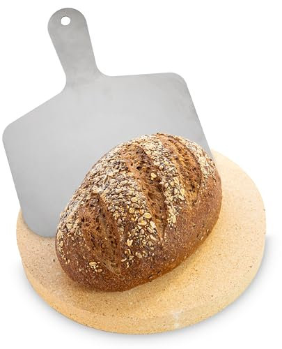 Feuerfest 123 - Brotbackstein Schamotte Rund Ø 31x2,5 cm inkl. Edelstahl Brotbackschieber, Backstein für Backofen & Gasgrill, Lebensmittelechter Schamottstein für einen unverwechselbaren Genuss