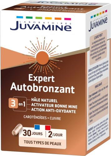 JUVAMINE Expert Autobronzant 3 en 1, Bonne Mine, Action Anti, Oxydante, Hâle naturel, Caroténoïdes, Avant et Après une Exposition au Soleil, Programme de 30 jours, 60 gélules, Fabriqué en France