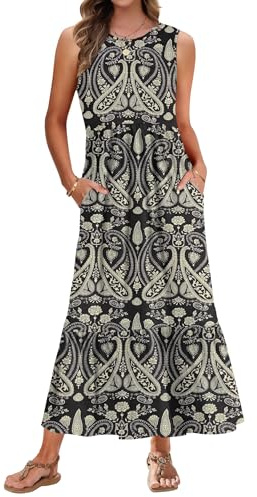 AUSELILY Maxi Dresses for Women Sleeveless Ladies Summer Dresses Round Neck Beach Cover-ups Sundress Casual Tiered Long Dress with Pockets Boho Floral Black M