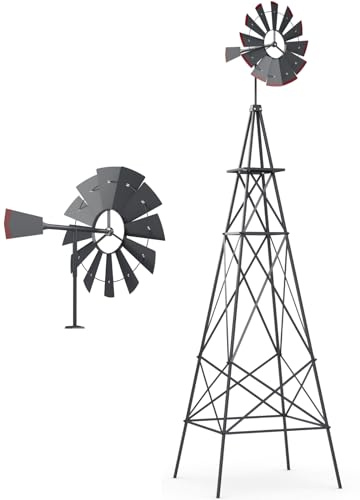 GiantexUK Garden Metal Windmill, 8FT Ornamental Wind Mill, Garden Decoration Weather Vane for Farm, Backyard and Patio (Dark Grey, More X-braces) | 8FT Ornamental Wind Mill, Garden Decoration Weather Vane for Farm, Backyard and Patio