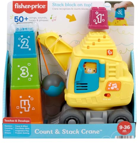 Fisher-Price Lernspielzeug für Babys und Kleinkinder Zählen & Stapeln Kran mit Blöcken, Lichtern, Musik und Geräuschen für Babys ab 9 Monaten, mehrsprachige Version, HWY66