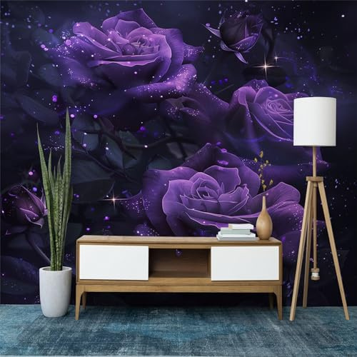 Fototapete Rose Blumen Lila, 350 x 256 cm (BxH), Vlies Tapete Schwarz Fototapete, Moderne Wandtapete für Schlafzimmer und Wohnzimmer Vliestapete
