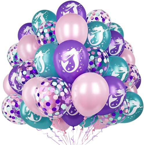 Meerjungfrau Party Ballons, 60 Stück 12 Zoll Lila Rosa Teal Ballon mit Meerjungfrau Druck Ballons Konfetti Ballon und Bänder für Mädchen Prinzessin Geburtstag Unter Meer Meerjungfrau Thema Party Deko