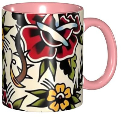 Becher, bedruckte Kaffeetasse, Keramiktasse, Kaffeetasse, Teetasse für Küche, Restaurant, Büro,Blumen Tattoo