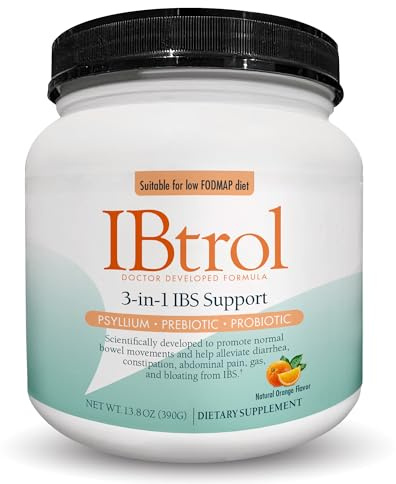 IBtrol® 3–in–1 IBS Gut Health Supplement with Psyllium, Prebiotic and Probiotics, Manages IBS Symptoms, Gas, Bloating, Diarrhea, Constipation, Abdominal Pain 60 Servings (Natural Orange Flavor)