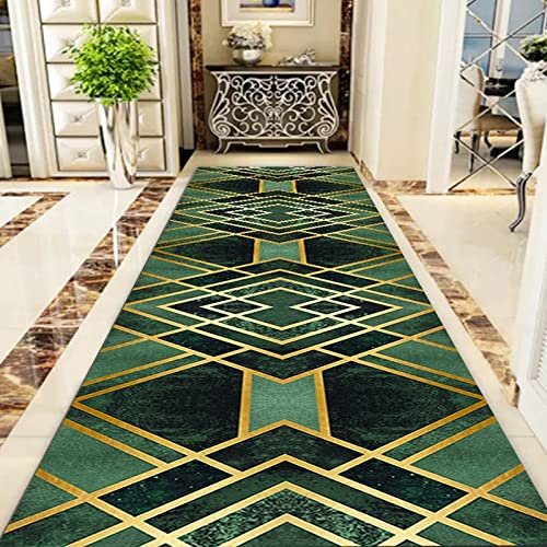 WBRSybUK Geometrischer Läufer für den Flur, grüner schmaler Teppichläufer für Flur, Küche, Eingangsbereich, Treppe, Korridor, extra Langer Flächenteppich, rutschfeste Bodenmatte
