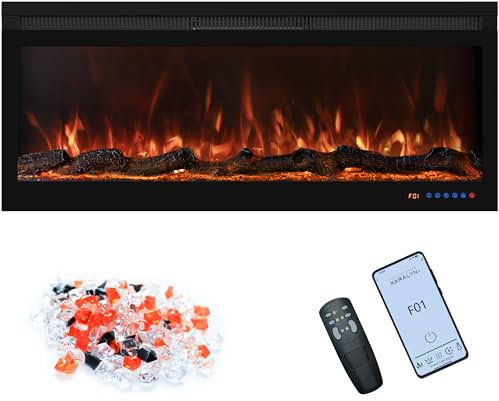 Oxhark Flame 107cm Electric Fireplace Wall Mounted/Recessed Fire Places with surround 42inch Realistic Heating, 13 * 13 Flame Effect with Log& Crystals, Remote control Temperature& Timer, Black