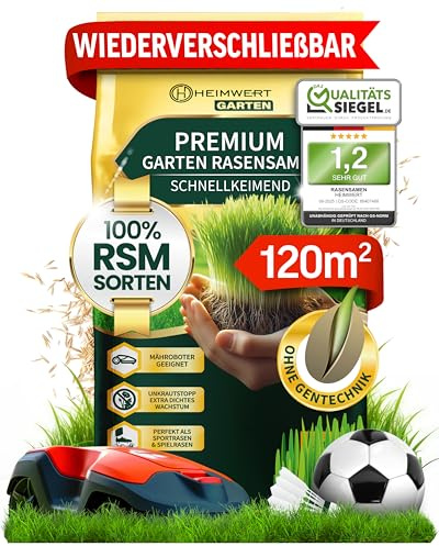 Heimwert Rasensamen schnellkeimend Frühling und Sommer All Saison - Grassamen - Rasensamen Sport und Spiel aus hochwertigster Gräser Mischung empfohlener RSM Sorten 1kg für 40m2 Made in Germany (3kg)
