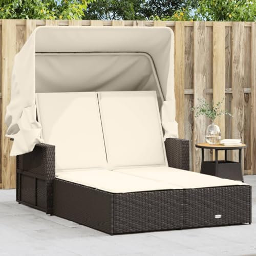 Rantry Doppel-Sonnenliege mit Dach und Auflagen Braun Poly Rattan Stuhl Model365808