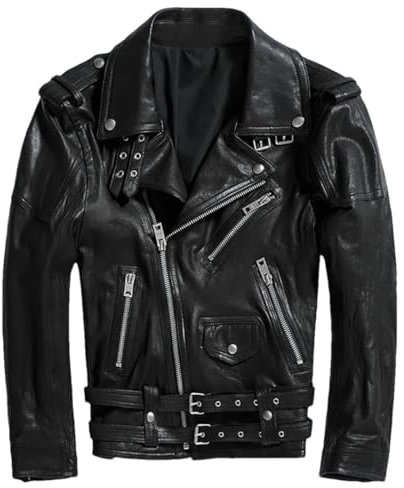 Schmale Herren-Jacke aus Schaffell, mit Reißverschluss, Lederjacken, Motorradjacke, Bikermantel, Schwarz , L
