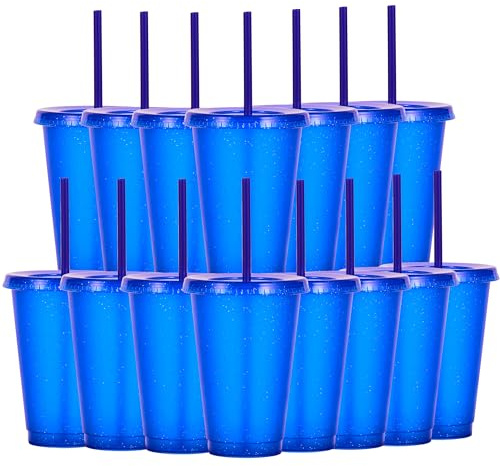 Yisituo 480ml Reusable Plastic Cups, 15 Pack of Kids Tumbler with Lid and Straw, for Cold Drinks, Iced Coffee, Travel and Smoothies (15, Glitter Blue)