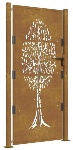 Gartentür aus Metall, Baum-Design Gartentor für Stabmattenzau Zauntor, Hoftor, mit Pfosten, Garten Flügeltore Gartenzaun Tür, 105x180 cm Cortenstahl