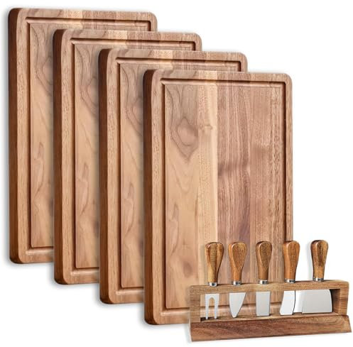 Set of 4Pcs Acacia Wood Serving Tray & 5Pcs Cheese Knives with Holder,11.8 x 7.9 in Solid Wooden Charcuterie Board Plates Serving Platter for Food Fruit, Snacks, Bread, Versatile (11.8 x 7.9 x 0.6in)