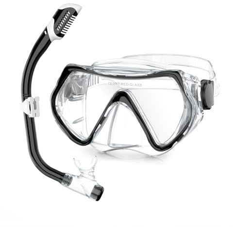 MELUMILU Kids Snorkel Set, Dry Snorkel Set 180° Panoramic Wide View Anti-Fog Scuba Diving Mask, for Kids Youth Boys Girls Junior 𝗔𝗴𝗲 𝟱-𝟭𝟱 Clear Black