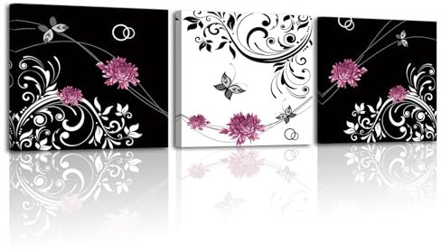 PIY PAINTING Arte Murale Su Tela Astratta, Dipinto Su Tela, Linea Bianca e Nera Con Fiori Viola, Quadri Moderni Decorativi Per La Camera Da Letto Soggiorno Caffè e La Cucina, 30x30 cm 3 Pezzi