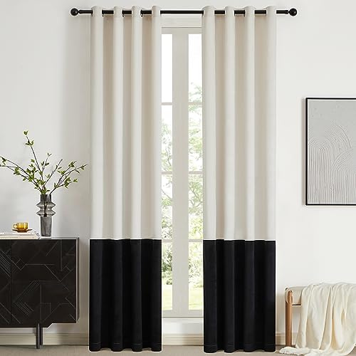 BULBUL Cream Black Color Block Window Curtains Panels 102 inches Long Velvet Farmhouse Drapes for Bedroom Living Roomm Darkening Treatment with Grommet Set of 2