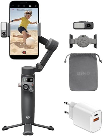 DJI Osmo Mobile 7P Bundle - Stabilizzatore 3 assi per iPhone, Android, Tracciamento nativo, Illuminazione, Avvio rapido, Manico telescopico e treppiede integrati