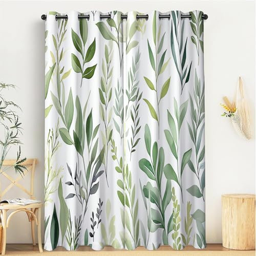 GSAEIMCT Green Fern Green Leaves Curtains,Fresh Plants 3D Print Patterned Eyelet Thermal Insulated Room Darkening Blackout Window Drapes For Bedroom Living Room 2 Panels W 55 X L 63