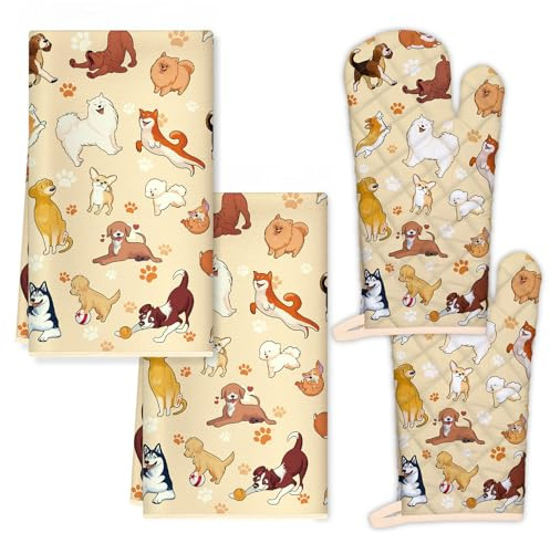 Arquiel Hund Küchentücher und Ofenhandschuhe Set 4Pcs, Weiches saugfähiges Geschirrtuch, Hitzebeständige Ofenhandschuhe für Kochen Backen Küche Dekoration, Geschenke für Sie