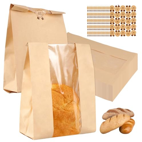 TAICHEUT 200 Pack Paper Bread Bags with Clear Window and Stickers, 35 x 21 x 9 cm Kraft Bakery Food Bags for Homemade Bread, Cookies, Donuts