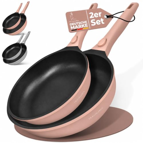 TRAUMLEBEN Bratpfanne SET 24 & 28 cm, Antihaft, abnehmbarer Griff (Rosa) | Pfannenset 2-teilig, PFOA-frei, für Induktion geeignet, backofenfest