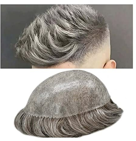 Toupee para Hombres Cabello gris, sistema de cabello humano indio, peluquín for hombres, postizos de 0,1-0,12mm, todo PU inyectado, piel fina, Ondulado Natural, peluquín for hombres Pelucas para Hombr