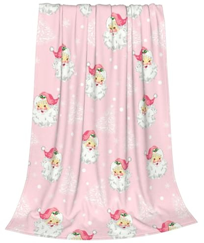 Newhomestyle Christmas Santa Claus Throw Blankets, Xmas Tree Soft Anti Pilling Flannel Blanket, Winter Snowflake Decorative Lightweight Pink Blanket, 125X100 cm Sofa Fleece Blanket for Girl Children