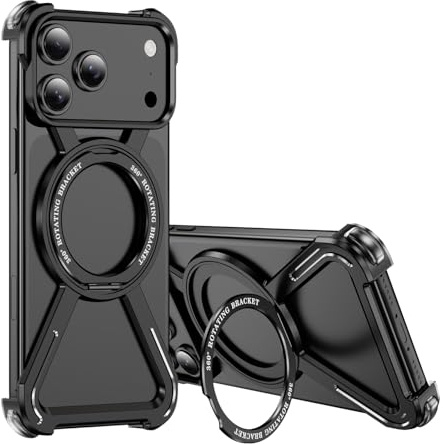 IMEIKONST Coque sans Cadre pour iPhone 17 Pro Max avec Béquille Noir THJ | Étui avec Anneau de Support Magnétique Rotatif à 360°, Protection de Qualité Militaire Antichoc, Métal Titane Housse