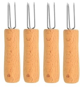 Lot de 4 fourchettes à trois dents avec manche en bois - Ustensiles de cuisine polyvalents pour la cuisine, le mélange et le grillage