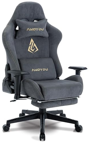 Andyou Gaming Stuhl, Luxuriöser Wildlederimitat Gaming Chair Ergonomischer Bürostuhl, Atmungsaktiver Schreibtischstuhl PC Stuhl mit Fußstütze, Kopfkissen und Armlehnen, 200 kg, Grau