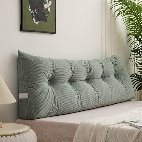 Generisch Rückenkissen Bett 180 cm Cord, Leseknochen Erwachsene Waschbar, Kopfteil Keilkissen Für Sofa, Mit Abnehmbarem Bezug Und Seitenfach, Dreieckiges Wandkissen Lendenkissen,Grün,40x150cm