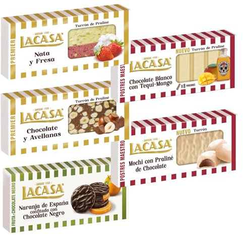 Pack Surtido 5 Turrones Lacasa:Naranja de España Confitada,Blanco con Tequi Mango, Chocolate y Avellanas, Nata y Fresa,Mochi con Praliné de Chocolate