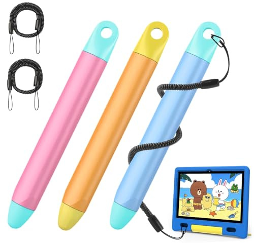 Kids Tablet Stift, Sichere Silikonspitze (mit Haltebändern) | Ergonomisches Design für Kinder, Kompatibel mit iPad, Tablet, Smartphone (Pink/Orange/Blau)