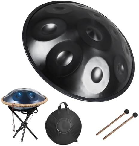 Handpan Instrument 9/10/12-Notes 22-Inch 440Hz Handpan Drums for Adults Hand Pan Steel Drum Set D Minor Kurd with Soft Bag, 2 Mallets, Stand for Meditation & Outdoor Performances(Black,9-note)