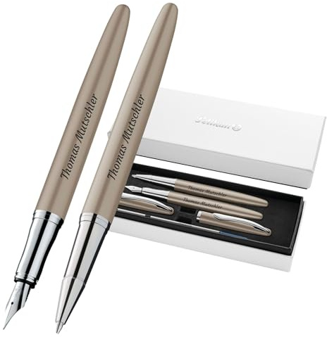Pelikan Schreibset Jazz® Noble Elegance R/P36 Tintenroller und Füllhalter mit Gravur Geschenk - einzigartige Stifte mit Namen - personalisierte Geschenke (Taupe)