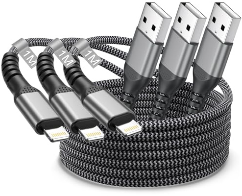 Cable Cargador iPhone Apple MFi Certificado 1M 3Pack, Lightning USB Cable iPhone Carga Rápida Nylon Trenzado Cable USB Lightning Cable de Carga para Apple i-Phone 14 Pro 13 12 Mini 11 XS XR X 8 7,iPad