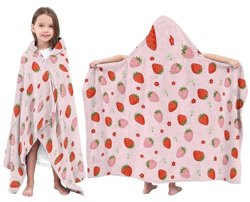 Strawberry Hooded Towel for Kids,Cute Pink Hooded Blanket for Toddlers 30 X 50, Warm Cozy Wearable Bath Towel for Girls Toddlers, Strawberry Kids Blanket Beach Towels For Pool, Travel, Swim