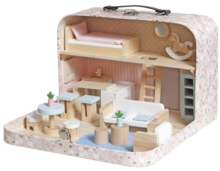 Maison de poupée portable dans un coffret rose - Maison de poupée pour les déplacements avec 2 étages et de nombreux accessoires en bois - Maison de jeu de voyage conçue avec soin aux couleurs pastel