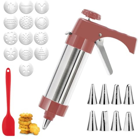 YOFDAL Prensa de Galletas de Acero Inoxidable Set, Máquina para Hacer Churros, Pistola Profesional de Galletas,Antes Hacía dim Sum (13 Plantillas y 8 Picos)